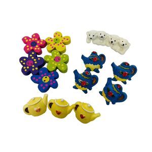 Shank Two hole Novelty Hand Painted Buttons lot of 14 Flowers Tea Pot Polar Bear